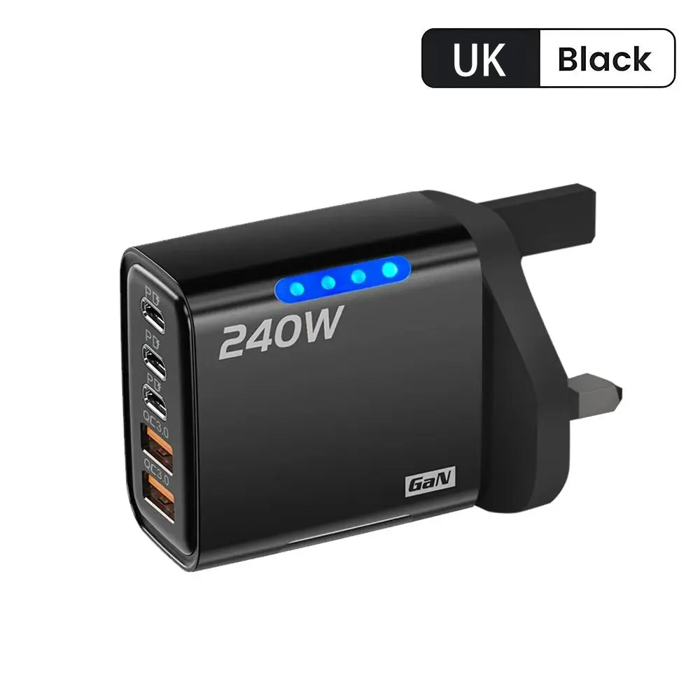 240W GaN 5-Port USB-C PD Fast Charger QC3.0 Wall Adapter