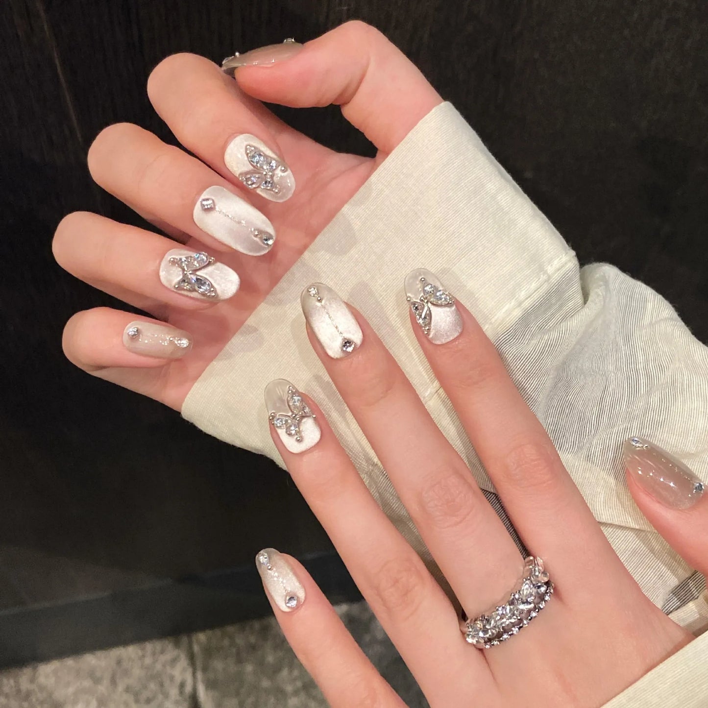 10pcs Handmade Press on Nails Shiny Sliver Cat Eye Fake Nail Tips with Sliver Butterfly Design Wearable Fashion False Nails Peaceful Pleasures Health and Wellness L