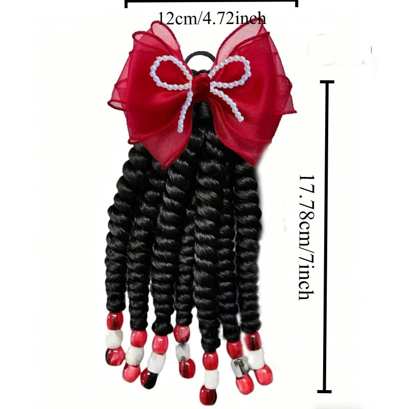 2pcs Toddler Girls Braided Wig Hair Extensions, Beaded Elastic Ponytail Holders,Organza Pearl Bow Clip, Princess Hair Ornaments Peaceful Pleasures Health and Wellness