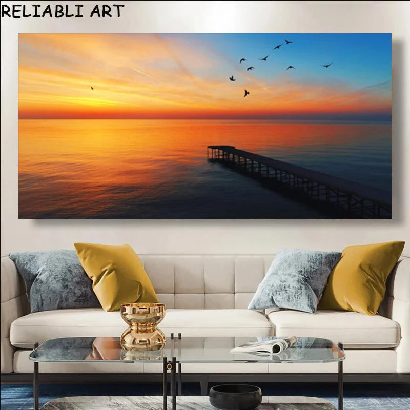 Modern Large Size Landscape Poster Wall Art Canvas Painting Sunset Beach Picture For Living Room Bedroom Home Decor No Frame Peaceful Pleasures Health and Wellness x sea 111-1 50x100cm