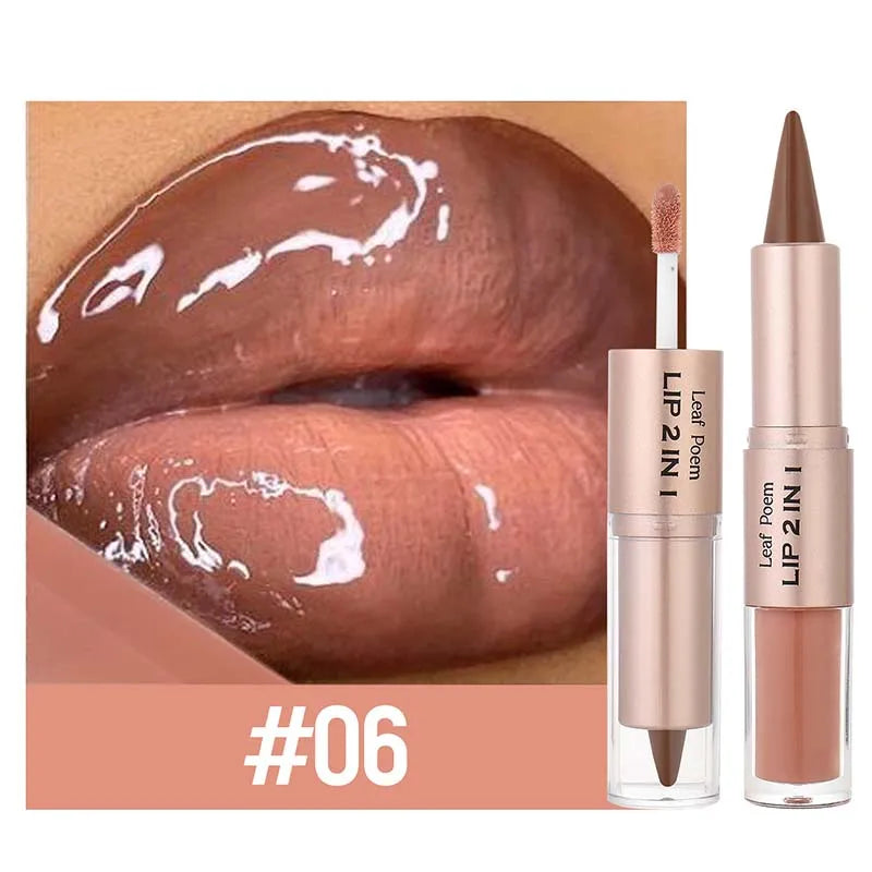 2-in-1 Brown Matte Lip Liner & Lip Gloss Pencil | Waterproof