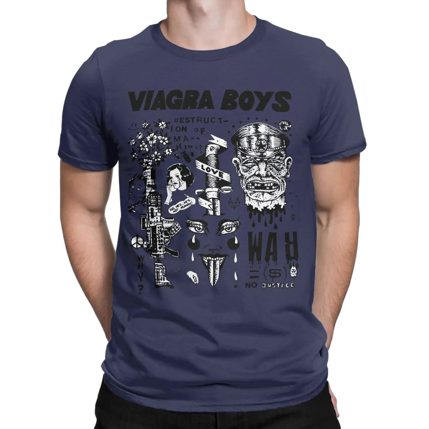 Viagra Boys Band Vintage Cotton T-Shirt | Men's Graphic Tee Band Graphic T-Shirt Peaceful Pleasures Health and Wellness Navy Blue L