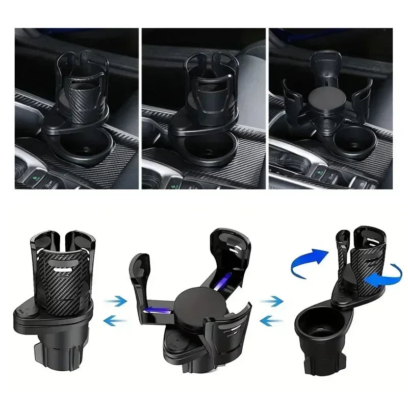 Adjustable Dual Car Cup Holder with Phone Mount | 360° Rotate