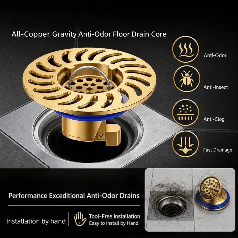Floor Drain All-copper Shower Floor Drain Stopper Insectproof Anti-odor Deodorization Toilet Kitchen Bathroom Toilet Sewer Drain Peaceful Pleasures Health and Wellness