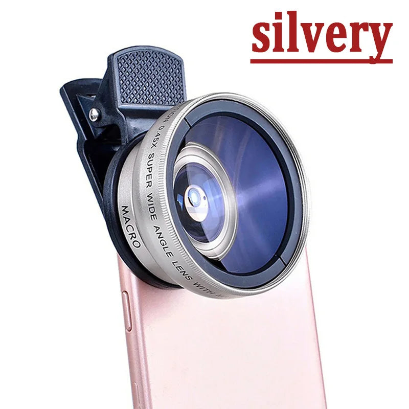 2 IN 1 Lens Universal Clip 37mm Mobile Phone Lens Professional 0.45X 49uv Super Wide-Angle + Macro HD Lens For iPhone Android Peaceful Pleasures Health and Wellness Silver