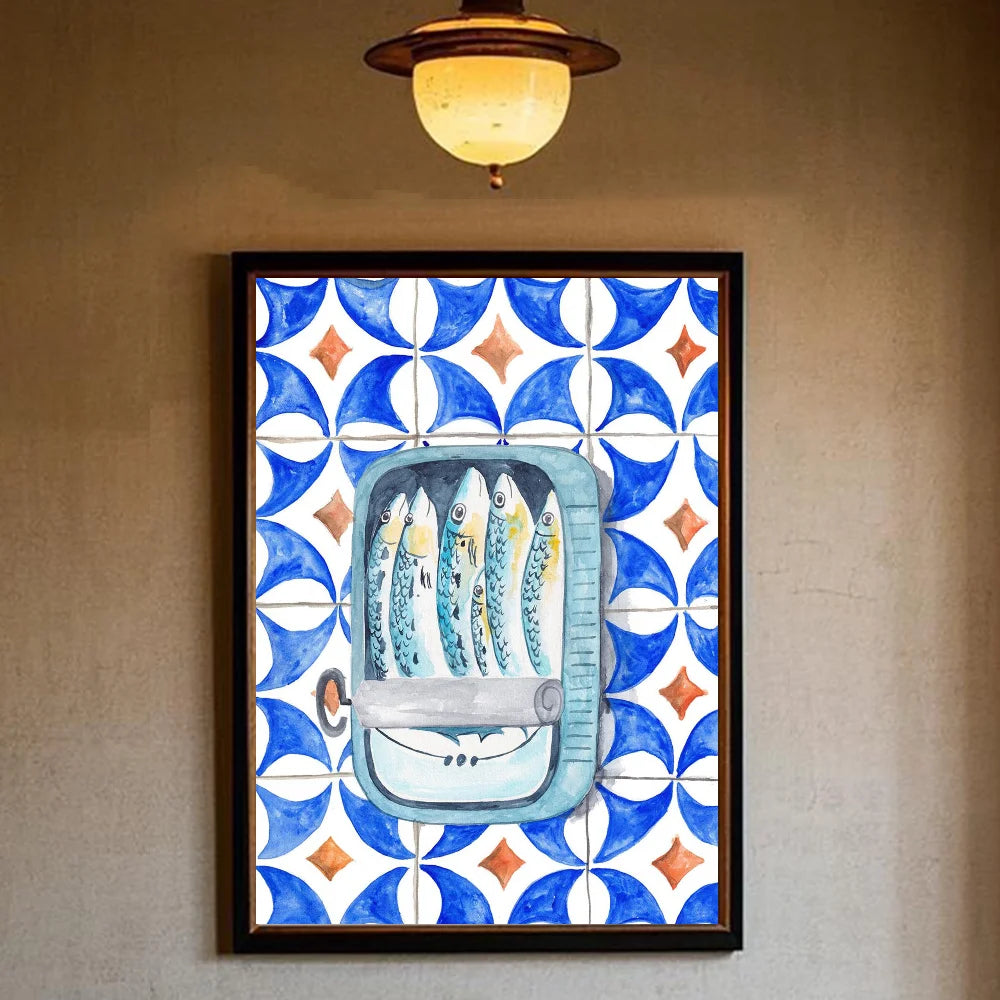 Colorful Sardines & Lobsters Canvas Wall Art | Ocean Fish Print