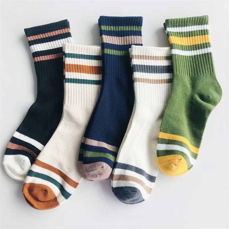 5 Pairs Men's Colorful Striped Casual Socks, Fashionable Sports Socks, Sweat Absorbing And Breathable, Suitable For All Seasons Peaceful Pleasures Health and Wellness 5 pairs Mixed Colors 1 One Size