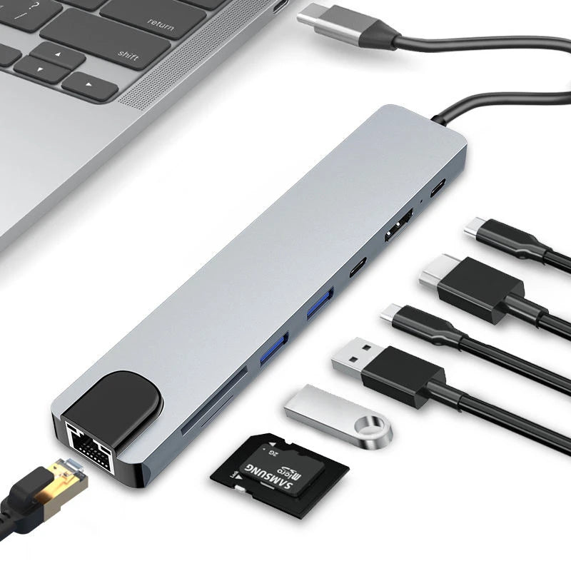 8 in1 USB C HUB 3.0 Type C Splitter 4K Docking Station Laptop Adapter PD SD TF For Macbook Air M1 iPad Pro RJ45 HDMI-Compatible Peaceful Pleasures Health and Wellness