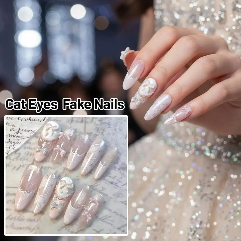 Gentle Sweet Lovely Handmade Long Coffin Ellipse French Full Cover Nail Flower Bowknot Star Cat Eyes Diamond Pearl Press On Nail Peaceful Pleasures Health and Wellness