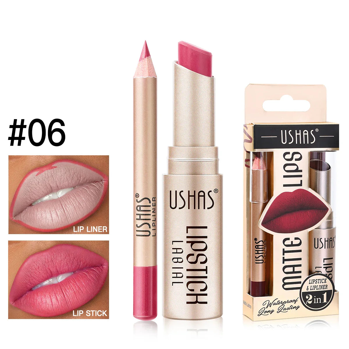 USHAS 12-Color Matte Lipstick & Lip Liner Set – Waterproof