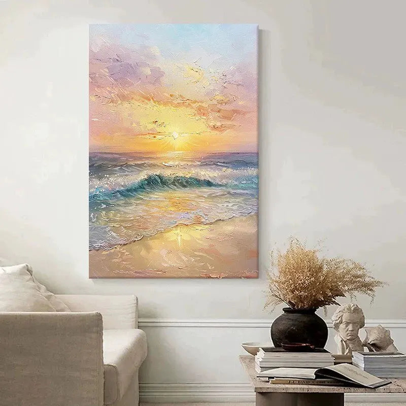 Mondern Abstract Sunrise Seaside Waves Picture For Home Wall Decor Handmade Oil Painting On Canvas Mural For Living Room Bedroom Peaceful Pleasures Health and Wellness