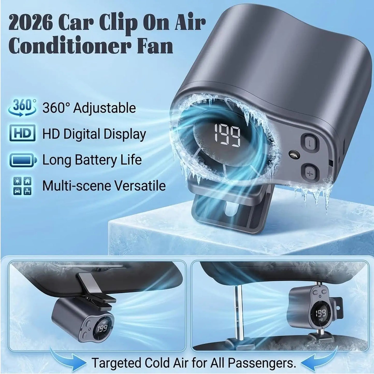 Clip On Car Fan Low Noise Cooling Fan With LED Display Portable Mini Clip Fan for Camping Fishing Travel Outdoor Use Peaceful Pleasures Health and Wellness