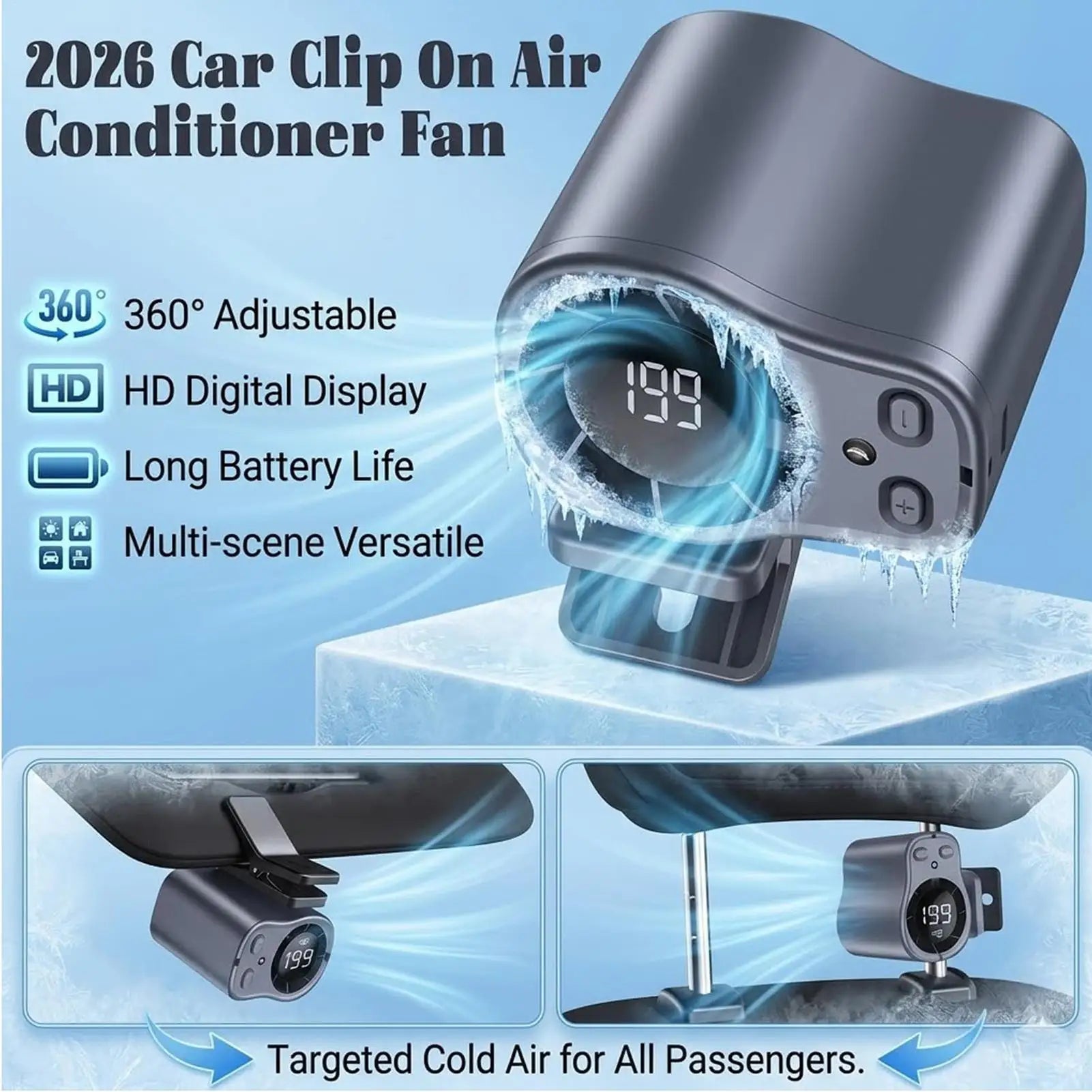 Clip On Car Fan Low Noise Cooling Fan With LED Display Portable Mini Clip Fan for Camping Fishing Travel Outdoor Use Peaceful Pleasures Health and Wellness