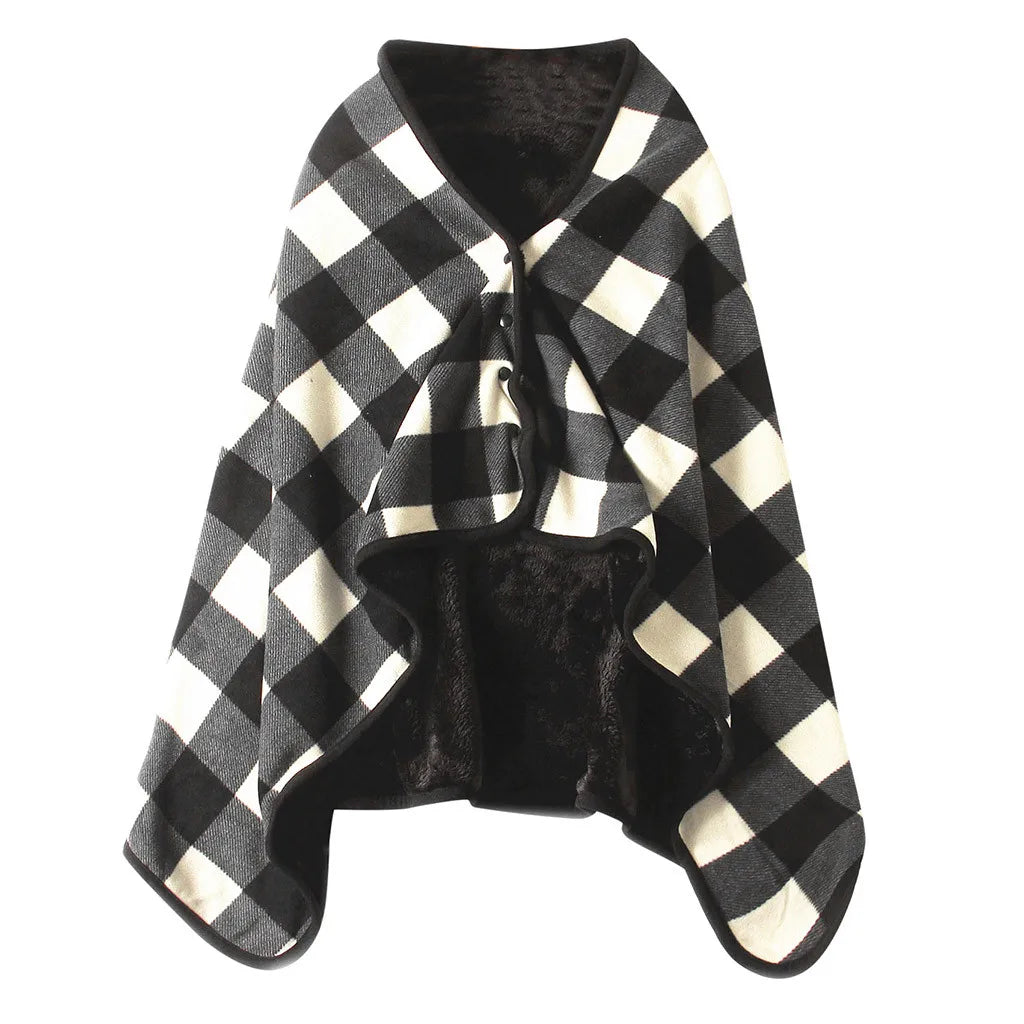 Wearable Plaid Fleece Throw Blanket with Button | Shawl Wrap