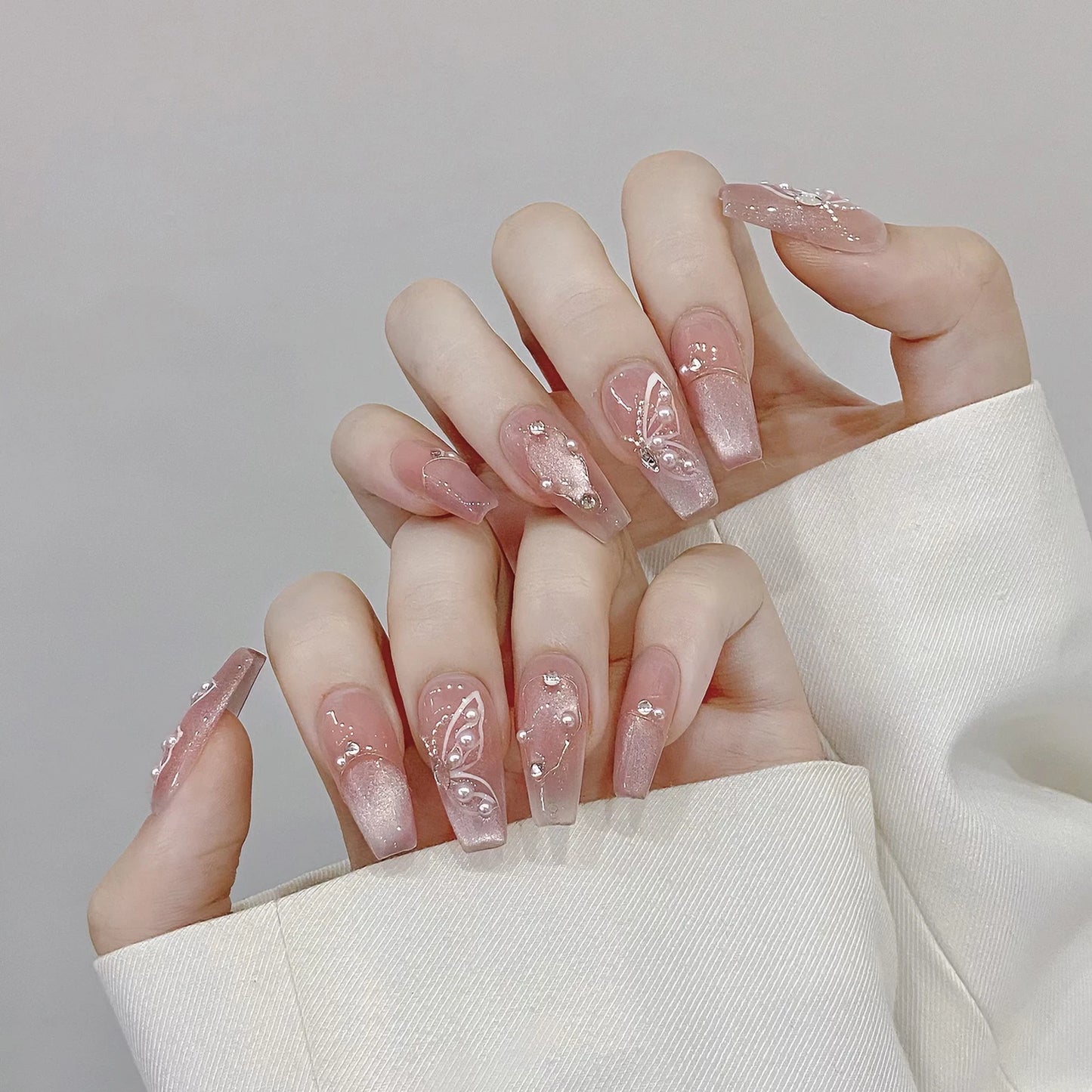 Handmade Press on Nails Shiny Pink Cat Eye Pearl Fake Nail Tips For Girl Women Wearable Full Cover Korean Sweet False Nails Peaceful Pleasures Health and Wellness XS