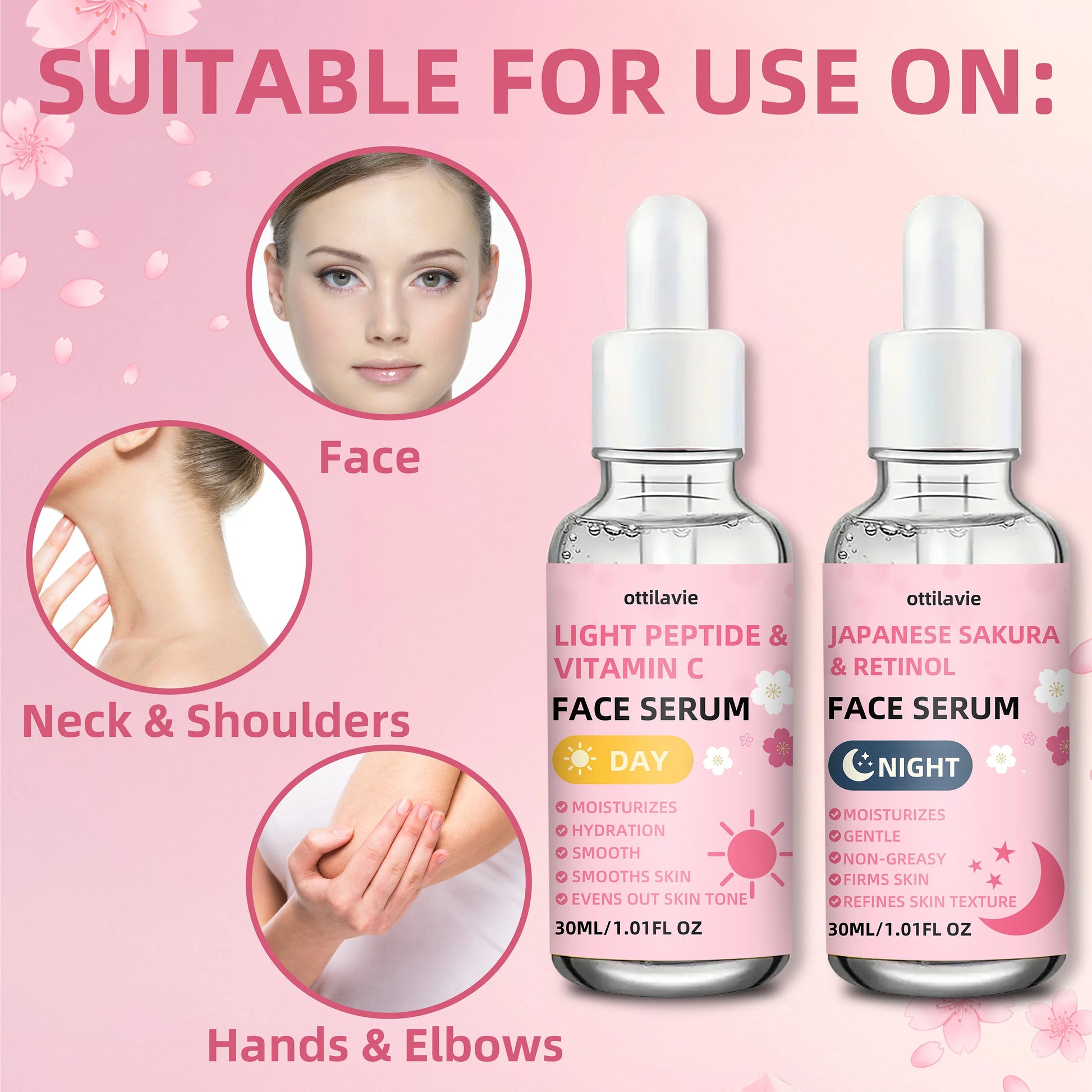 2pcs Japanese Sakura Retinol & Light Peptide VC Serum | 24H Hydration | Quick-Absorbing | For All Skin | Holiday Gift Peaceful Pleasures Health and Wellness