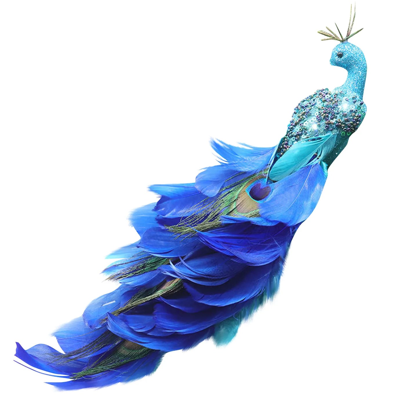 Christmas Decorations Faux Glitter Blue Peacock Ornaments With Tail Feather For Christmas Tree Decorations Garden Decor Yard Peaceful Pleasures Health and Wellness 1PC One Size