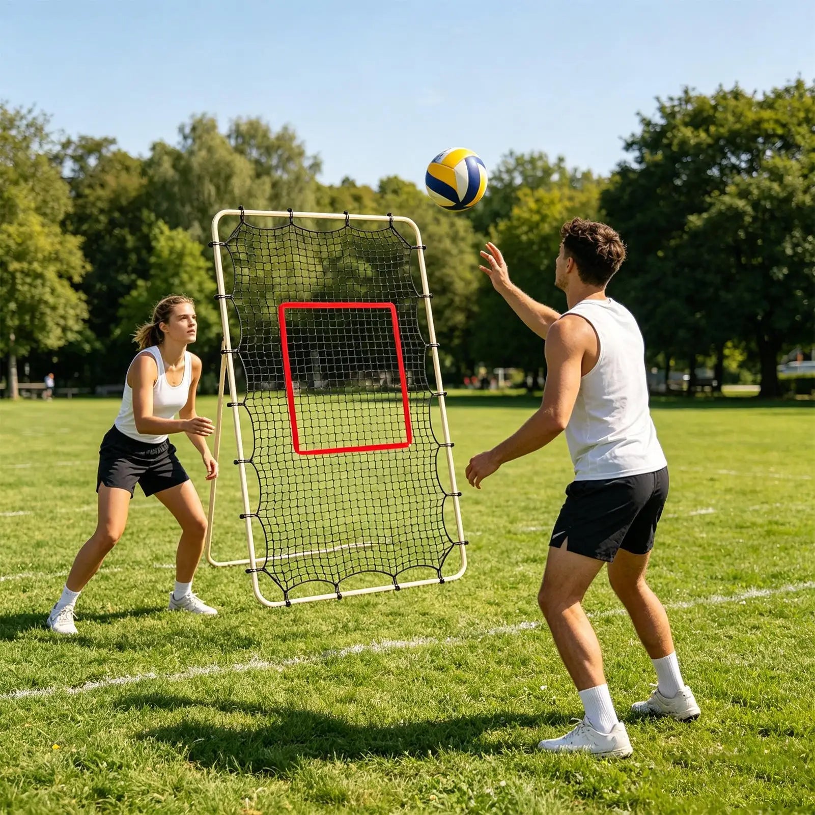 Adjustable Volleyball Bounceback Net 7x4ft Mesh Trainer With 28 Elastic Ropes Fits Frame For Baseball Hockey Backyard Sports Peaceful Pleasures Health and Wellness