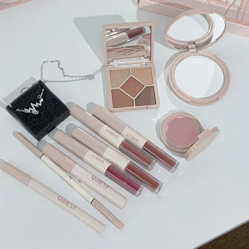 QIBEST Face Makeup Set 4pc Double End Lip Glaze, Pressed Powder,Blush,Eyeshadow, Eyebrow Pen,Eyeliner,Lip Oil Gift Cosmetics Peaceful Pleasures Health and Wellness