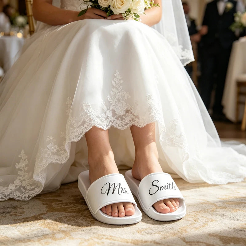 Personalized Name PVC White Background Face Slipper Custom Bride Slide Sandals Wedding Bridal Shower Decoration Mrs Gift Present Peaceful Pleasures Health and Wellness