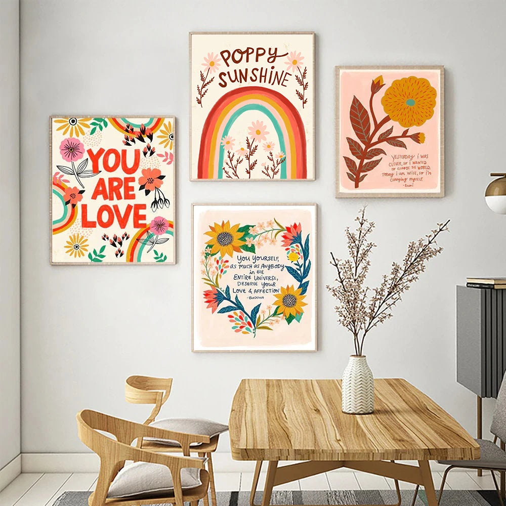 Inspirational Quote Flower Design Canvas Painting Colorful Boho Rainbow Wall Art Poster Print Girl Room Nursery Decor Picture Peaceful Pleasures Health and Wellness