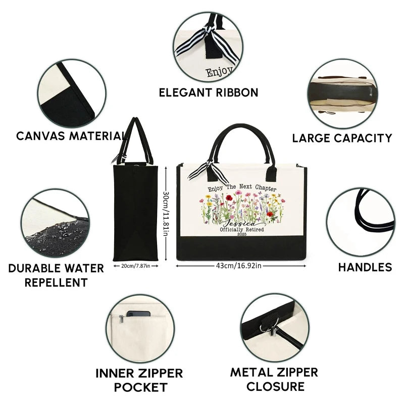 Retirement Tote & Makeup Bag Set Gift for Women | Black & White Gift Tote Bag Set Peaceful Pleasures Health and Wellness