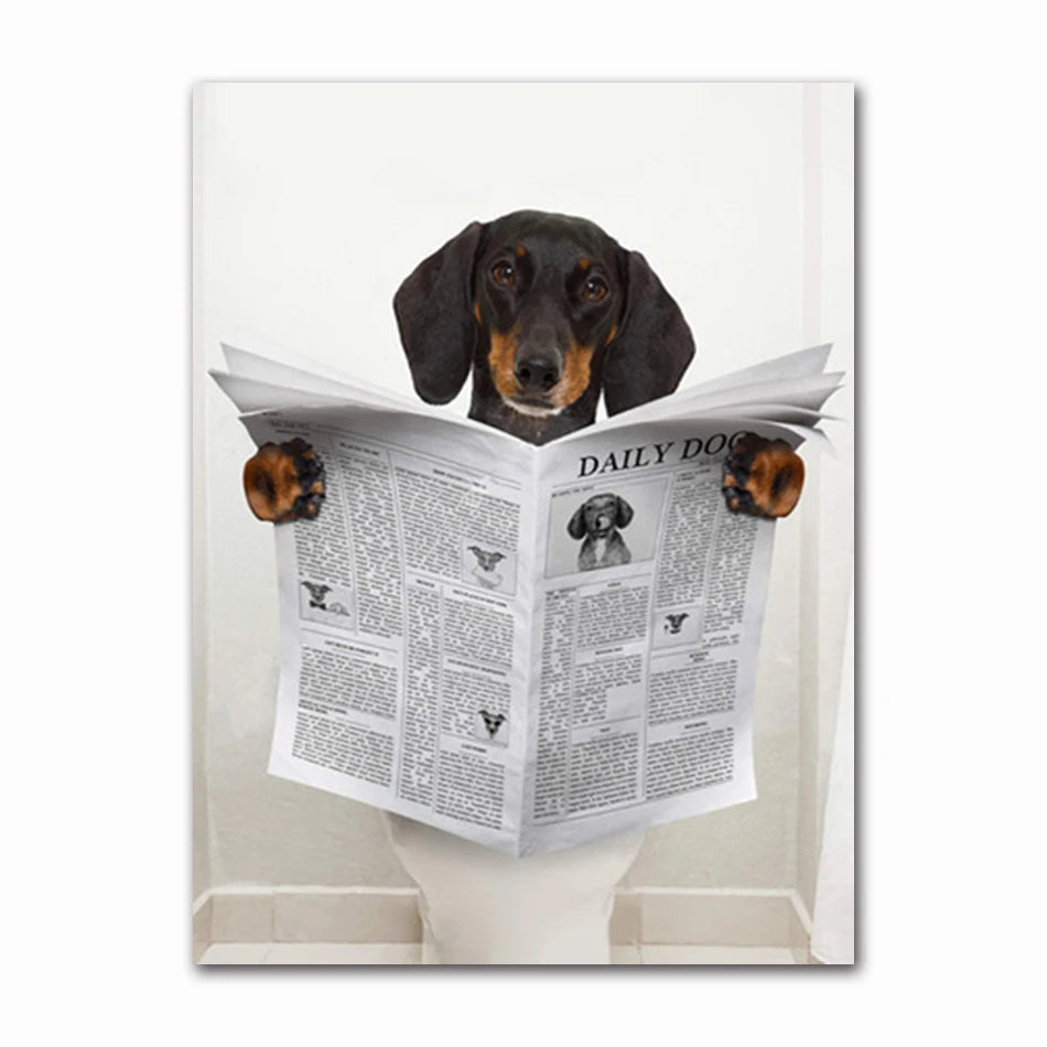 Funny Animal Dog Read Newspaper Oil Painting on Canvas Wall Art Poster Prints Wall Art Picture for Bathroom Toilet Decoration Peaceful Pleasures Health and Wellness T60523-02 50x70cm Unframed