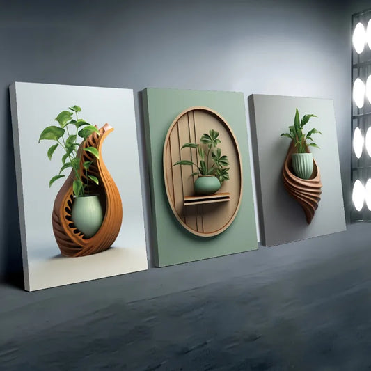 3-Piece Plant Vase Canvas Wall Art | Frameless Abstract Prints Canvas Wall Art Peaceful Pleasures Health and Wellness