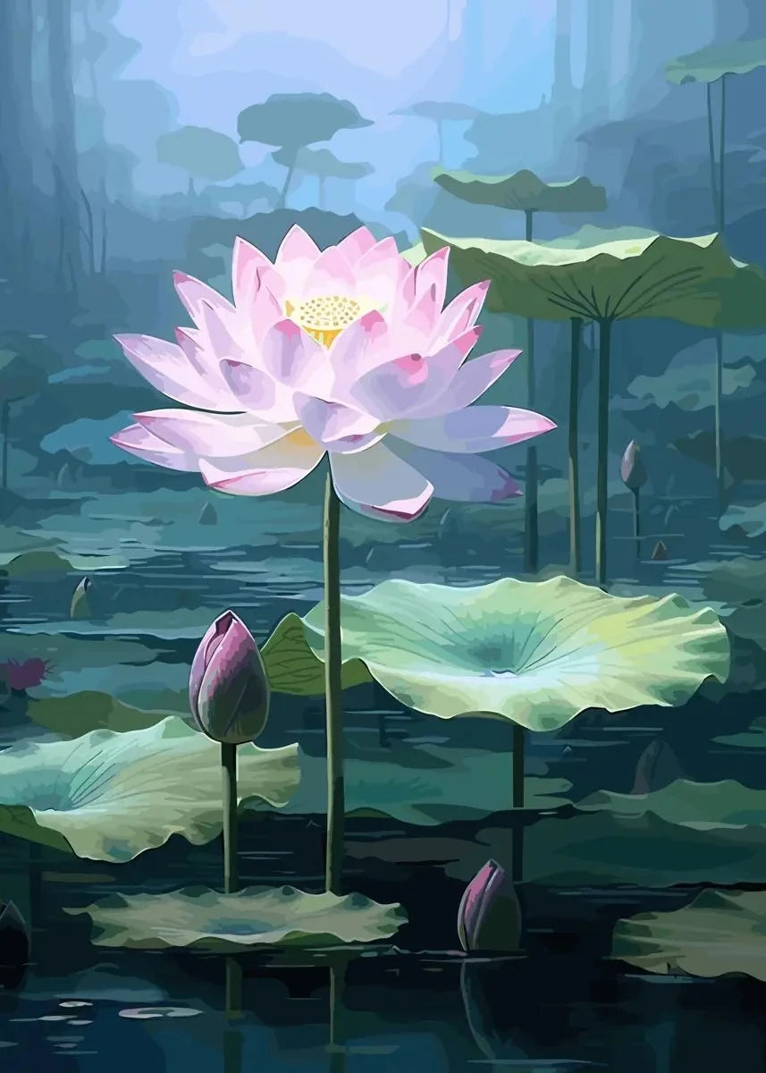 Chinese Lotus Flower Canvas Wall Art Print | Unframed Poster