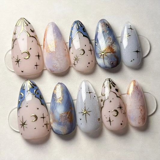 24pc French Almond Press On Nails | 3D Star Moon Cat Eye Design Press On Nails Peaceful Pleasures Health and Wellness