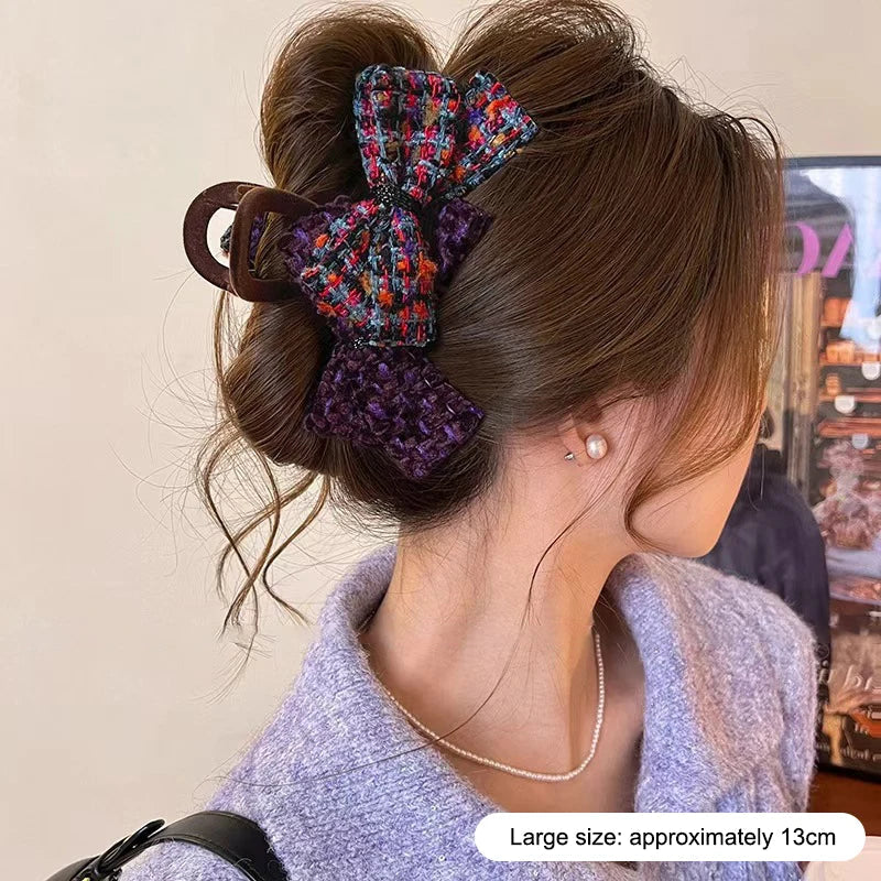 Retro Double Bow Color-Block Large Shark Hair Clip for Women