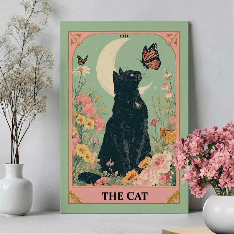Tarot Black Cat Moon Floral Canvas Wall Art Print Poster