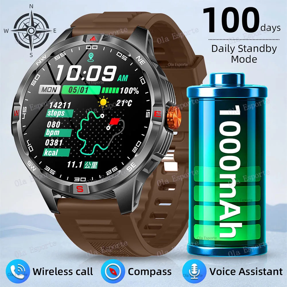 Military 1000mAh Battery Sports Smart Watch Adult Men Compass BT Call Heart Rate Health Monitoring IP68 Waterproof SmartWatches Peaceful Pleasures Health and Wellness Brown