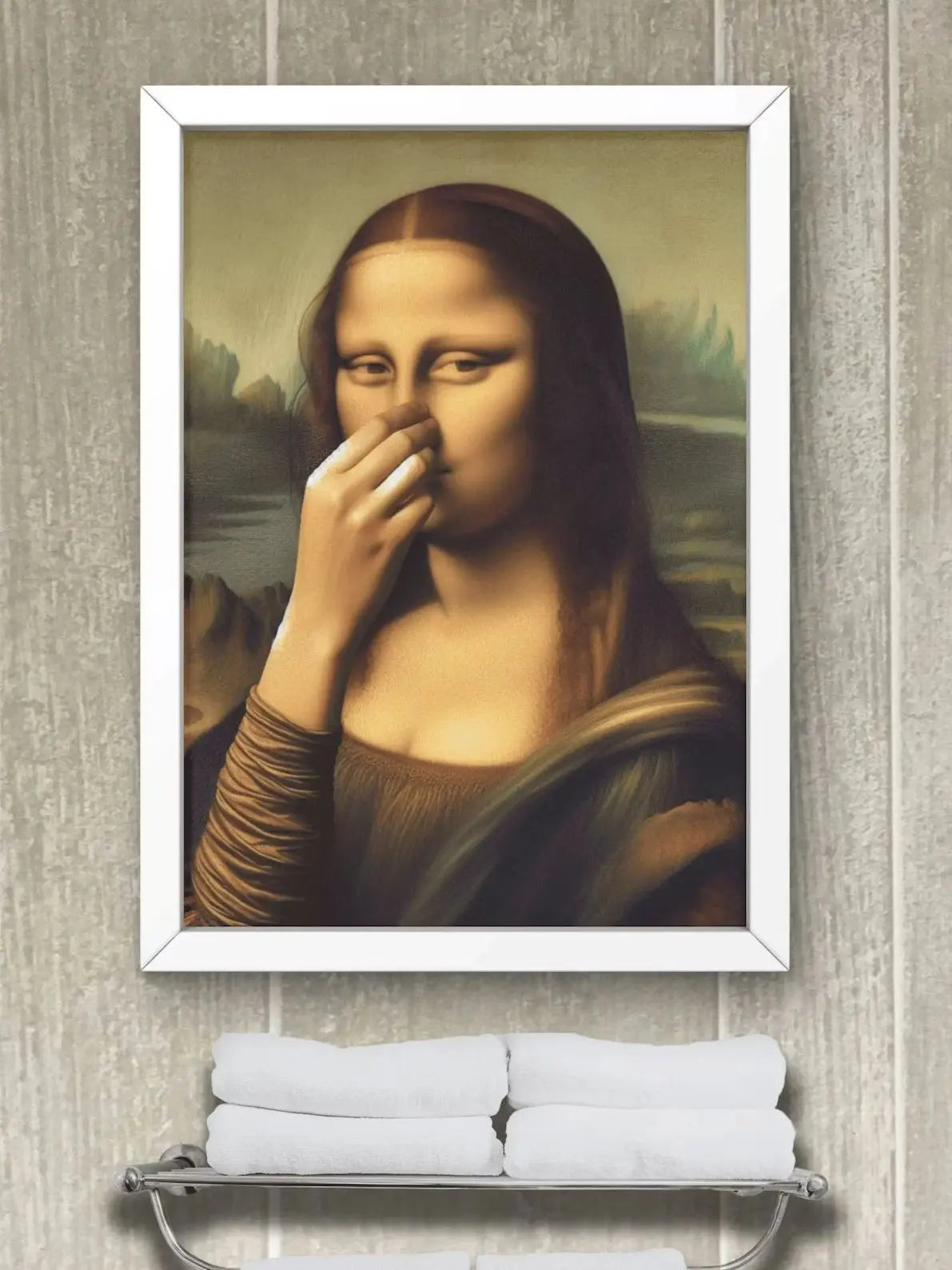 Parody Mona Lisa Bathroom Wall Art Decor Covering her Nose Vintage Bad Smell Poster Print Toilet Humor Funny Leonardo Davinci In Peaceful Pleasures Health and Wellness WS1117 30x40cm Unframed