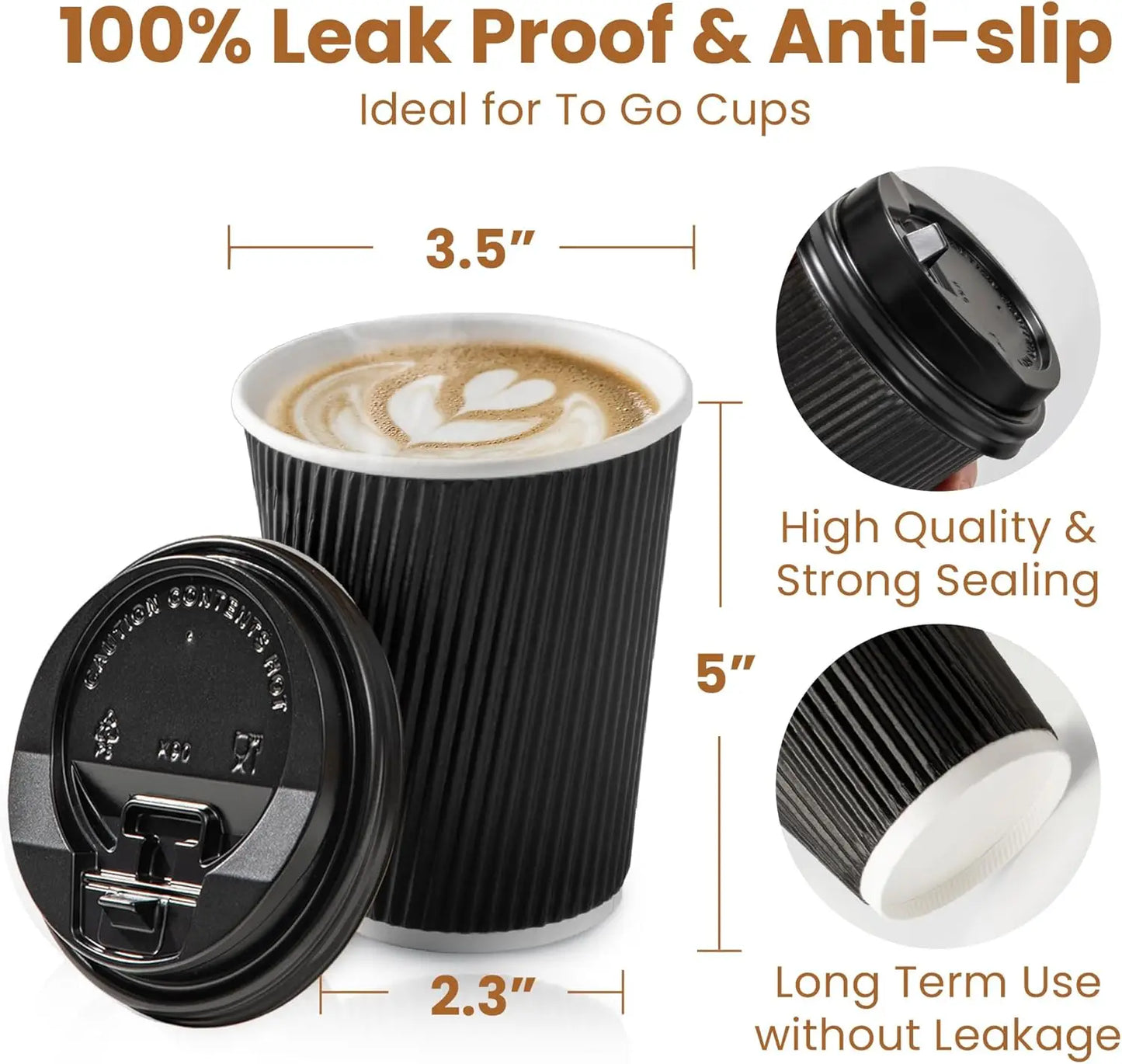 12OZ Black Disposable Coffe Cups with Lids Corrugated Triple Wall To Go Hot Cups Insulated Paper Cups for Hot Drinks Home Office Peaceful Pleasures Health and Wellness