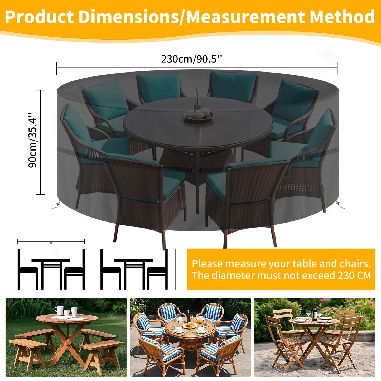 130-230cm Round Furniture Cover Outdoor 210D Waterproof Weatherproof Anti-UV Tear-Resistant Oxford Fabric Table Chairs Covers Peaceful Pleasures Health and Wellness 230x90cm
