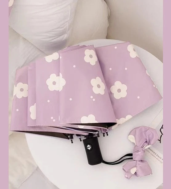 Automatic Folding Umbrella Pastoral Flower Pattern Black Coated Sun Protection Three Fold Rain and Sun Dual Use Parasol Peaceful Pleasures Health and Wellness metal-fiber composite 8K Pink
