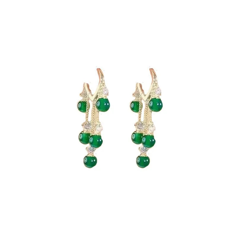 New Fashionable Niche Design, Emerald Cat Eye Stone Ear Buckle, Women's Temperament Earrings, Tassel Long Earrings Peaceful Pleasures Health and Wellness