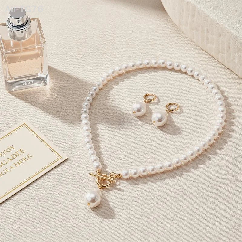 Faux Pearl Bridal Necklace & Stud Earrings Set | Wedding Jewelry