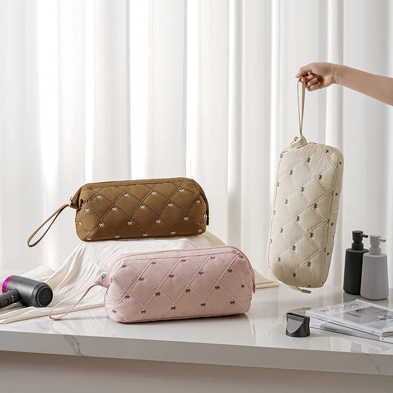 New Multi Functional Hair Dryer Storage Bag for Travel Cute Bow Embroidery Quilted Hair Tools Waterproof Zipper Cosmetic Bags Peaceful Pleasures Health and Wellness