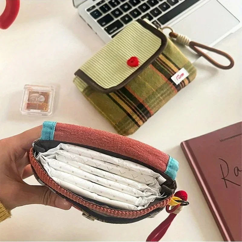 New Fresh Checkered Storage Bags Candy Sanitary Towel Small Bags Portable Sanitary Napkin Storage Bags Large Capacity Practical Peaceful Pleasures Health and Wellness