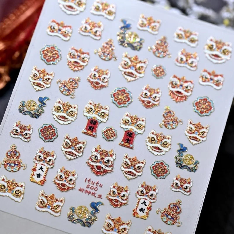 Chinese Style Paper Cuttings Horse Rich Flower Lion Dance Koi Carp Pony New Year Nail Art Stickers DIY Nail Art Decoration Decal Peaceful Pleasures Health and Wellness A5