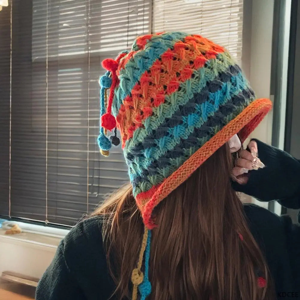 Rainbow Striped Knit Beanie Hat – Women's Winter Ear Protection