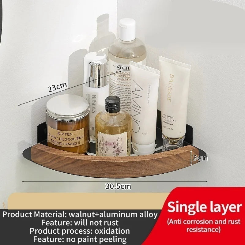Wood & Aluminum Corner Shower Shelf | Bathroom Wall Organizer