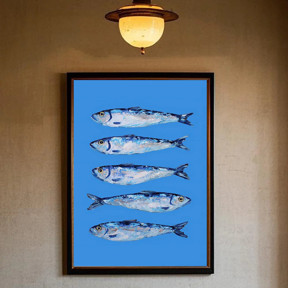 Colorful Sardines & Lobsters Canvas Wall Art | Ocean Fish Print