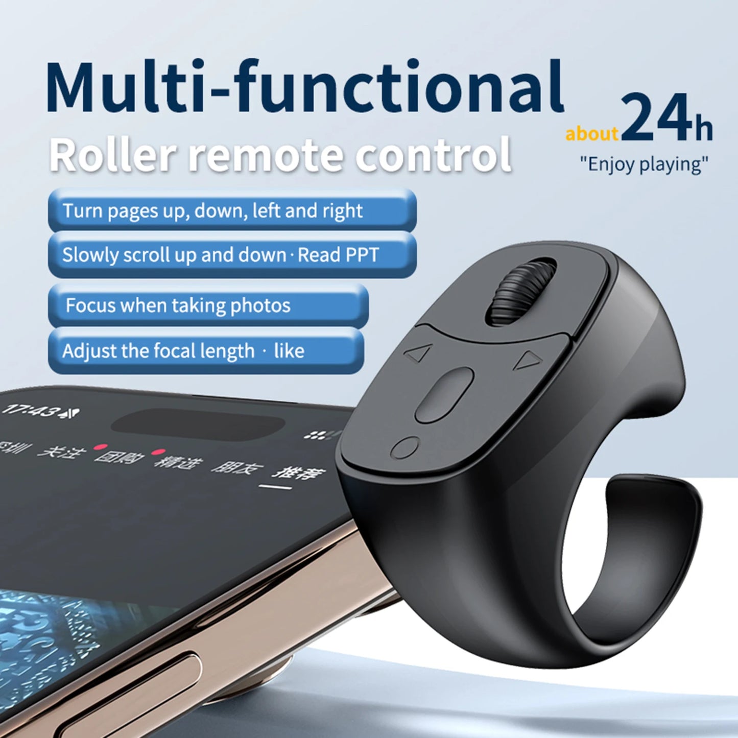 Bluetooth 5.3 Fingertip Ring Remote – Page Turner & Selfie