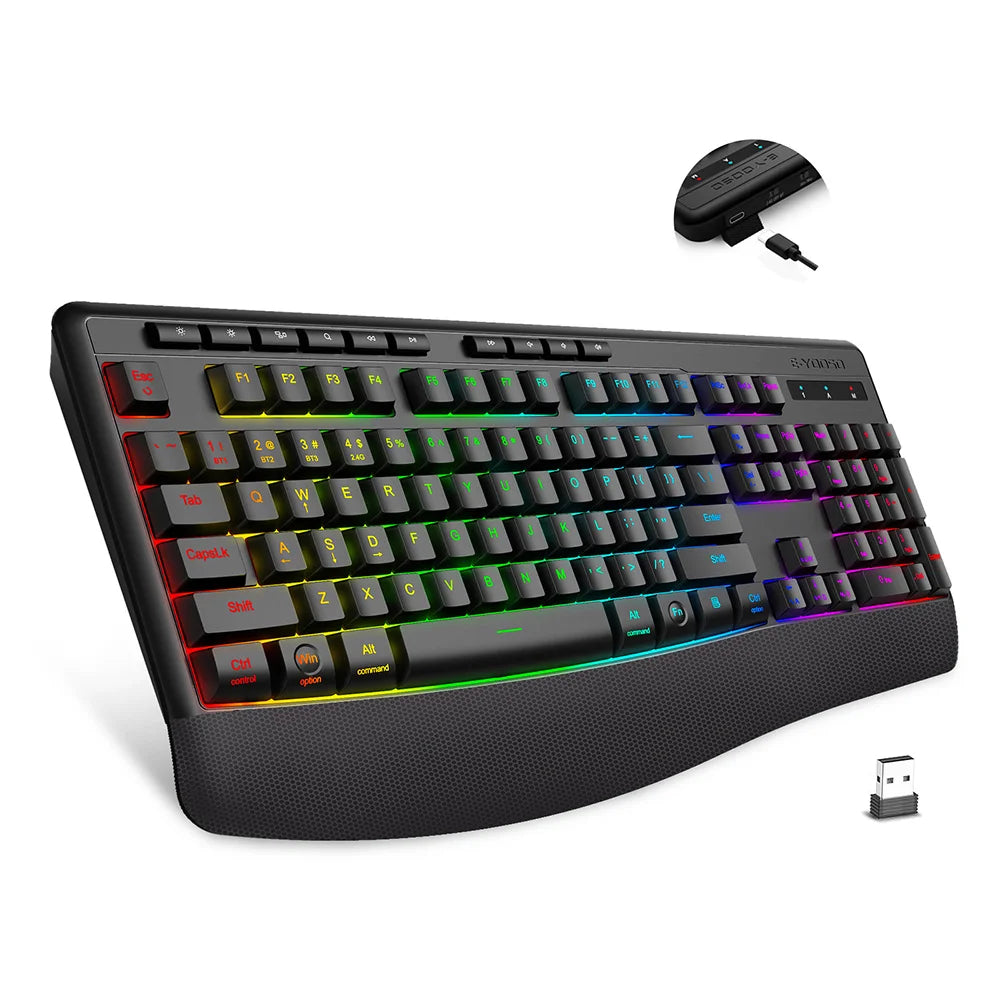E-YOOSO RGB Colorful Gaming Keyboard 104 Keys Bluetooth 2.4G USB Wired Mechanical Keyboard with Wrist Rest Low Voltage Indicator Peaceful Pleasures Health and Wellness Black