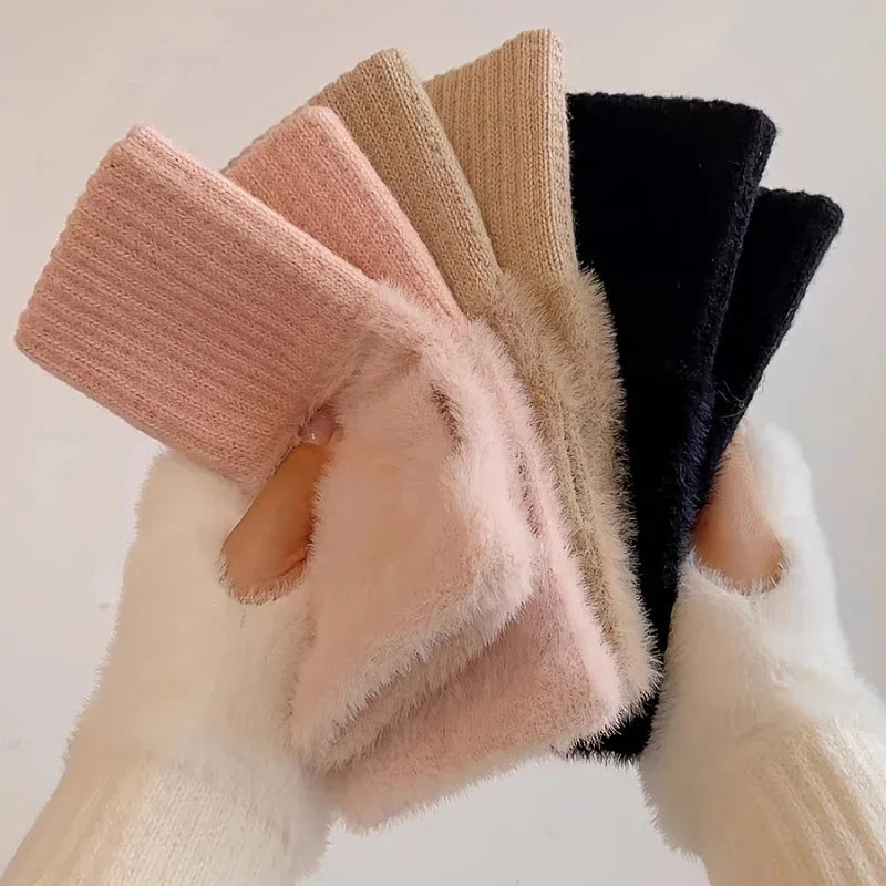 Women's Mink Fleece Fingerless Gloves | Half Finger Winter Mitts