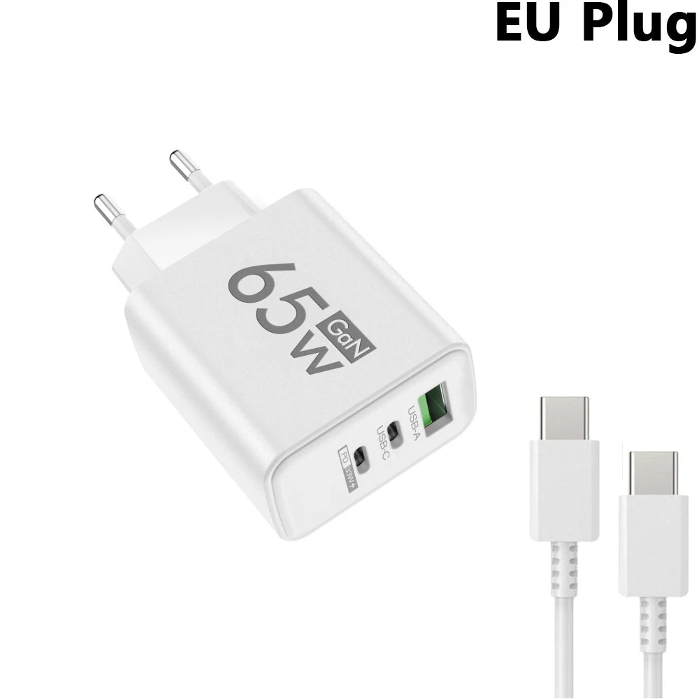 65W GaN USB-C Fast Charger 3-Port | iPhone Samsung Laptop