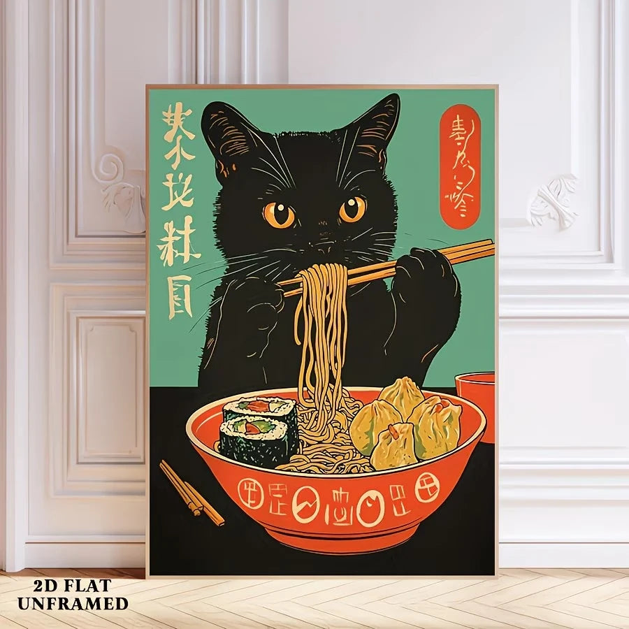 Retro Japanese Ramen Cat Canvas Wall Art Print | Home Decor